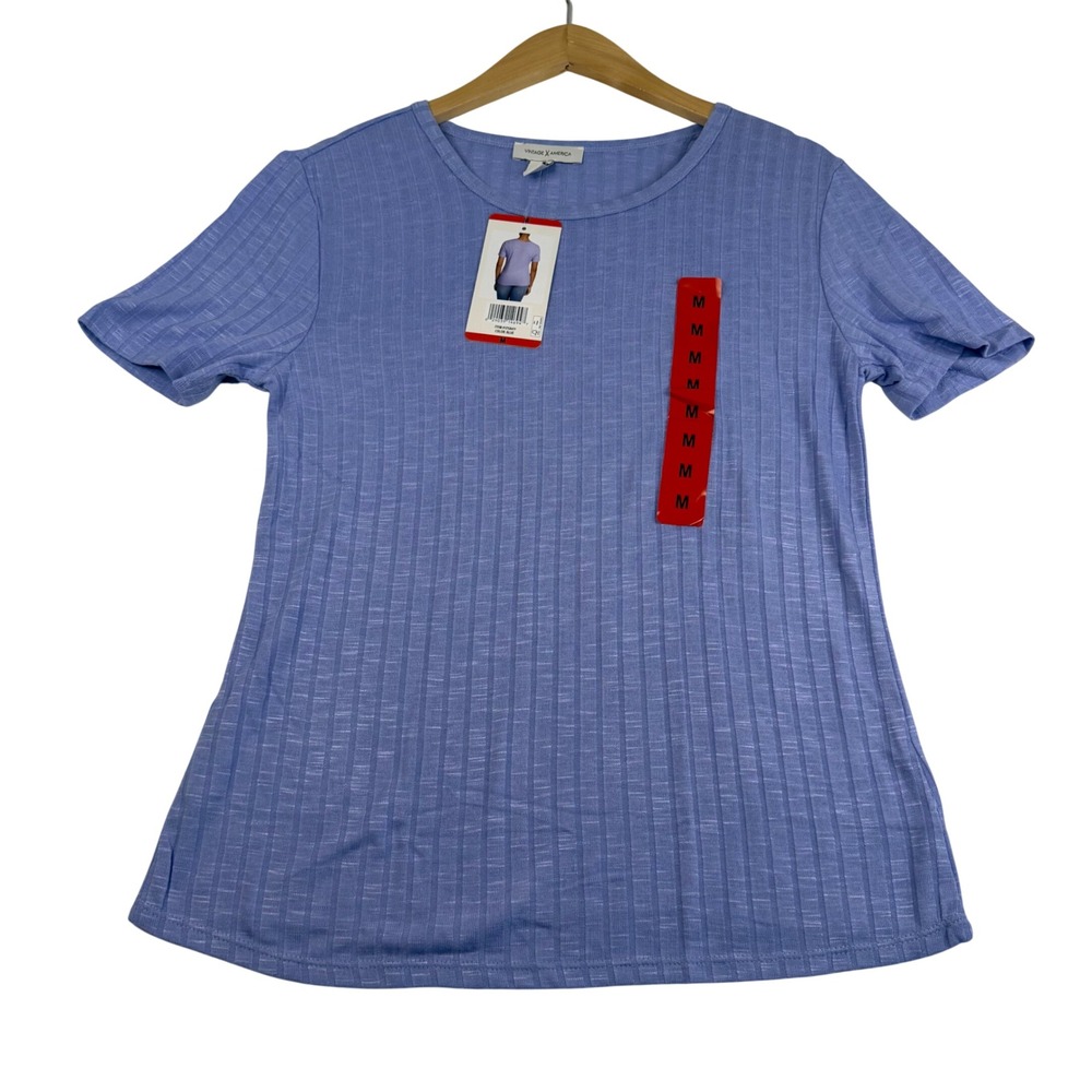 Vintage America Slub Ribbed Tee Blue Short Sleeve Crew Neck Top Womens Medium - Picture 1 of 8